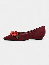 abordables Sandalias planas de mujer-Bailarinas de ante burdeos para mujer: diseño de rosas bordadas con flores, elegantes zapatos sin cordones con punta puntiaguda para salidas informales, fiestas en el jardín y citas románticas.