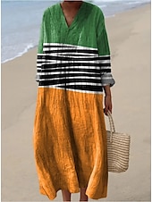 billiga Randiga och geometriska klänningar-Dam Maxiklänning Solklänning A linjeklänning Semester Ledigt Boho Utekväll Strand Lös passning Grafisk Geometrisk Långärmad V-hals Gul Ljusbrun Blå Orange Sommar Vår Höst
