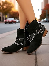 abordables Bottines-Bottines en daim marron pour femmes avec chaîne et ceinture - bottines à talons épais de style western tendance pour les tenues décontractées et les sorties d&#039;automne