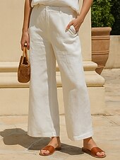 Dámské chino kalhoty s širokými nohavicemi z bavlny a lnu, etnický styl, základní, ležérní, plná délka, střední pas, bez kapes, pohodlné, outdoor, neelastické, ležérní, denní, černá, bílá, zelená, khaki, léto, jaro, regular fit levne Hladké bavlněné plátěné kalhoty-Dámské chino kalhoty s širokými nohavicemi z bavlny a lnu, etnický styl, základní, ležérní, plná délka, střední pas, bez kapes, pohodlné, outdoor, neelastické, ležérní, denní, černá, bílá, zelená, khaki, léto, jaro, regular fit