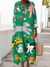 preiswerte Streifen- und geometrische Kleider-Damen Midikleid Sommerkleid Shiftkleid Urlaub Lässig Strand Ausgehen Strand Lässiger Schnitt Grafik Tiermotiv Langarm V Ausschnitt Schwarz Weiß Grün Sommer Frühling Herbst