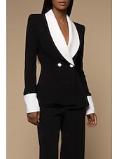 cheap Mom&#039;s Pant Suits-Black and White Women&#039;s Suits Top Mother of the Bride Blazer Elegant Shawl Lapel Neck Polyester Long Sleeve with Buttons Color Block 2025
