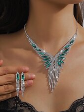 economico Collana da donna-Set di gioielli di lusso in cristallo da donna: collana placcata in argento e orecchini pendenti con accenti di pietre preziose verdi, eleganti accessori per cocktail e feste serali
