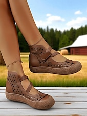 preiswerte Ballerinas für Damen-Mary-Jane-Schuhe aus Kunstleder mit weiter Passform und Cut-outs – bequemer Retro-Casual-Stil für Bauernhofbesuche, Gartenspaziergänge und Wochenendausflüge
