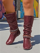 olcso Slouch Boots-női bordó műbőr félmagas vádlicsizma – bő, lapos szárú lovaglócsizma fonott pántokkal őszi kirándulásokra, utazásokra és szabadtéri fesztiválokra