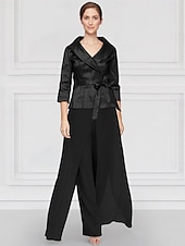 cheap Mom&#039;s Pant Suits-Two Piece Pantsuit Mother of the Bride Wedding Guest Elegant Simple Tailored Lapel Floor Length Chiffon Stretch Satin Long Sleeve with Sash / Ribbon Solid Color 2025