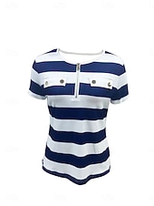 preiswerte Streifen- und geometrisches T-Shirt-Damen T Shirt Reißverschluss Tasche Druck Gestreift Mode Stilvoll Modern Kurzarm V Ausschnitt Normale Oberteile Täglich Wochenende Blau Schwarz Wein Armeegrün Sommer