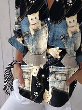 preiswerte Tiere Tops-Damenhemd Langarm Button-Down Bluse Grafisch Tier Aktiv Vintage Niedlich Hemdkragen Reguläre Tops Arbeit Täglich Knopf Druck Schwarz Frühling Herbst Winter