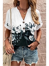 tanie T-shirt boho-Damskie Podkoszulek Graficzny Plemienny Elegancki Codzienny Boho Krótki rękaw W serek Zwykłe topy Codzienny Wyjściowe Weekend Nadruk Czarny i biały Czerwony Fioletowy Czerwony / Niebieski Lato Wiosna