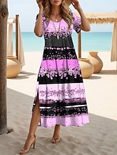 preiswerte Streifen- und geometrische Kleider-Damen Maxikleid T-Shirt-Kleid Sommerkleid Shiftkleid Urlaub Lässig Strand Party Strand Normale Passform Geometrisch Kurzarm Rundhalsausschnitt Rosa Blau Purpur Grün Sommer Frühling