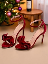 abordables cocktail-Sandales à talons hauts en velours rouge pour femmes, avec bride à la cheville - talons aiguilles élégants pour les fêtes de Noël et les occasions formelles