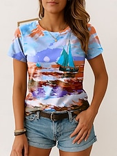 billige Kunst &amp; Design t-skjorte-Dame T skjorte Nyanse Grafisk Årgang Stilfull Klassisk Kortermet Crew-hals Vanlige topper Daglig Helg Trykt mønster Gul Blå Lilla Sommer Vår