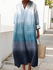 abordables Robes Rayés et Géométriques-Femmes Robe Midi Robe d&#039;Été Robe trapèze Occasionnel Quotidien Coupe Ample Graphique Géométrique manche longue Col en V Bleu Violet Marron Vert Été Printemps Automne