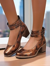 baratos Block Heels-Sapatos femininos verdes de couro sintético com estampa de crocodilo e tira no tornozelo, salto grosso - sapatos Mary Jane retrô confortáveis para caminhar, para o escritório, roupas do dia a dia e