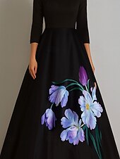 economico NERO-Abito da ballo Linea ad A Abito da Sera Elegante Vestito Formale Matrimonio Lunghezza al pavimento Manica 3/4 Scollo a Barca Raso con Stampa floreale 2025