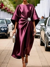abordables Robe Simple-Femmes Robe Midi Robe en Satin Robe Semi-Formelle Élégant Mode Moderne Quotidien Date Week-end Coupe régulière Uni Demi Manches Col ras du cou Rose Claire Vin bleu marine Vert Printemps Automne