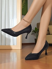 olcso Stiletto sarkú cipők-női fekete csipke és csillámos hegyes orrú, kitty sarkú cipők – elegáns műbőr magassarkúk irodába, partikra és estélyi viseletre
