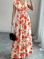 tanie Sukienki kwiatowe-Damskie Sukienka maxi Sukienka A line Urlop Codzienny Boho Na zewnątrz Wyjściowe Luźny / a Kwiaty Krótki rękaw W serek Czarny Czerwony Niebieski Pomarańczowy Lato
