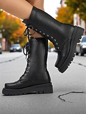 economico Stivali da combattimento-Stivali da combattimento stringati in similpelle nera da donna – stivali a metà polpaccio in stile militare con suola spessa per abbigliamento streetwear autunnale e invernale, uscite casual, moda urbana