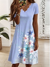 preiswerte Blumenkleid-Damen Minikleid Freizeitkleid T-Shirt-Kleid Sommerkleid A Linie Kleid Elegant Urlaub Lässig Normale Passform Blumen Grafik Kurzarm V Ausschnitt Rosa Blau Purpur Grün Sommer Frühling