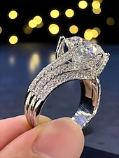 cheap Women&#039;s Rings-Women&#039;s Luxury Silver-Plated Ring with Large Round Cut Zircon and Pave Crystal Detailing - Elegant Statement Jewelry for Parties and Formal Occasions