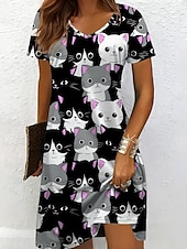 preiswerte Tiere kleiden-Damen Minikleid Freizeitkleid T-Shirt-Kleid A Linie Kleid Sommerkleid Urlaub Lässig Ferien Normale Passform Grafik Tiermotiv Katze Kurzarm Rundhalsausschnitt V Ausschnitt Schwarz und Weiß Gelb Rosa