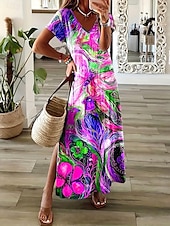 ieftine Rochie Artă și Design-Pentru femei Rochie Maxi Rochie casual Rochie de Vară Rochie A line Elegant Vacanță Casual Plajă Fit regulat Floral Grafic Abstract Manșon scurt În V Colourful Albastru piscină Mov Vară Primăvară