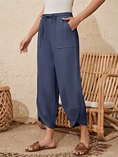 economico Pantaloni in lino e cotone semplici-Per donna Pantaloni in cotone e lino Chinos Moda Essenziale Lunghezza intera Vita Alta Semplice Tasca Coulisse Comodità All&#039;aperto Micro-elastico Vacanza Streetwear Quotidiano Esercito verde Nero Blu