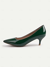 levne Kočičí podpatky-Dámské tmavě zelené lakované kožené špičaté kotníkové podpatky - klasické elegantní kancelářské lodičky z 50. let, ideální do práce, na pohovory a formální akce.