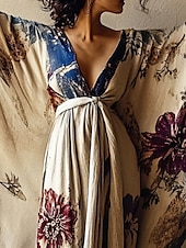 billige Boho-kjoler-damelang kjole maxikjole bohokjole avslappet kjole swingkjole sommerkjole vintage ferie daglig strand normal passform blomster 3/4-ermet v-hals khaki sommer vår høst