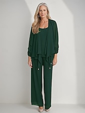 cheap Mom&#039;s Pant Suits-3 Piece Mother of the Bride Pantsuits Elegant Simple Luxurious Square Neck Floor Length Chiffon 3/4 Length Gathered Sleeve with Crystals Cascading Ruffles 2025