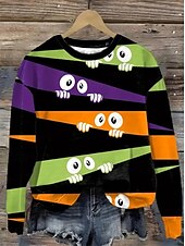 preiswerte Halloween Oberteile-Damen Pullover Sweatshirt Grafik Schädel Halloween Mode Lässig Langarm Rundhalsausschnitt Rundhals Normale Oberteile Straße Alltagskleidung Lässig Druck Schwarz Braun Grün Hell Gray Dunkelgray Herbst