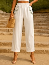 abordables Pantalón liso de lino y algodón-Mujer Pantalones de lino y algodón Chinos Moda Básico Longitud total Alta cintura Floral Bordado Comodidad Al Aire Libre Microelástico Vacaciones Calle Diario Blanco Amarillo Albaricoque Café Verano
