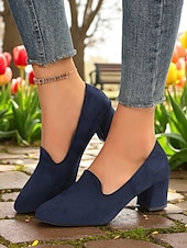 cheap Block Heels-Women&#039;s Blue Block Heel Shoes– Elegant Faux Suede Pumps for Semi-Formal Gatherings, Cottage Garden Parties and Church Sundays