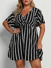 abordables Robes-Femmes Grande taille Robe Décontractée Rayé Col en V Manche Courte Été Printemps Mode Moderne Occasionnel Mini robe Quotidien Fête Robe