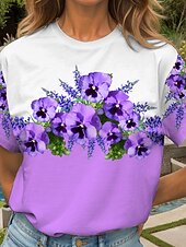 abordables T-shirt floral-Femmes T-shirt Fleuri Graphique ancien Élégant Classique Manche Courte Col ras du cou Col rond Hauts Réguliers Quotidien Sortir Week-end Imprimé Noir et blanc Jaune Rose Claire Bleu Violet Ét