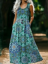 economico Abiti Boho-Abito vintage da donna in stile boho con stampa floreale, casual, per uscire in spiaggia, vestibilità regolare, senza maniche, scollo a U, rosa vinaccia, marrone chiaro, blu, estate e primavera.