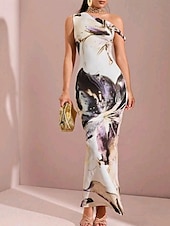 abordables Robes fleuries élégantes-Femmes Robe Longue Maxi Robe Robe Imprimée Mode Extérieur Sortir Week-end Coupe régulière Fleur Sans manches Une Épaule Violet Vert Été