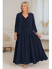 baratos Com jaqueta-Vestido de mãe da noiva em duas peças, corte A, com renda e miçangas, elegante, simples, luxuoso, decote em V, comprimento até o chão, comprimento longo, chiffon, manga curta com jaqueta de crepe