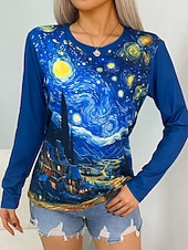 cheap Art&amp;Design tee-Women's T shirt Crew Neck Long Sleeve Tunic Graphic Abstract Vintage Stylish Classic  Round Neck Regular Tops Daily Print Blue Fall