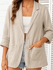 preiswerte Blazer &amp; Anzüge-Damen-Blazer aus Baumwollleinen, bequem, atmungsaktiv, Tasche, lässig, einfarbig, fürs Büro, Straße, lässig, Alltagskleidung, einreihig, normal, Umlegekragen, normale Passform, langärmelig, Oberbekleidung, weiß, grün, beige, Sommer