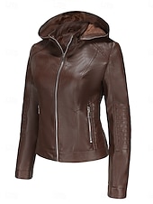 abordables vestes décontractées-Femmes Veste en Similicuir Veste Décontractée Confortable Respirant Fermeture éclair Avec Poches Occasionnel Uni Vacances Rue Occasionnel Tenue quotidienne Fermeture éclair Court À capuche Coupe