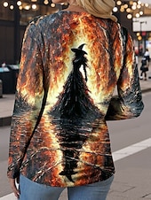 ieftine Topuri de Halloween-Halloween Pentru femei Tricou Grafic Vrăjitoare Epocă Stilat Casual Manșon Lung Stil Nautic Rotund Topuri obișnuite Zilnic Imprimeu Albastru piscină Mov Portocaliu Trifoi Vară Primăvară Toamnă