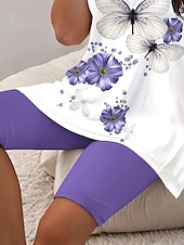 cheap Women’s Short Sets-Women&#039;s Fashion Daily T Shirt Shorts Sets Short Sleeve V Neck Ombre Floral Butterfly Print Daily Casual Daily Light Green Grape Ocean Blue Summer Regular Fit
