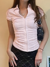 preiswerte Damen Einfache Oberteile-Damen Hemd Bluse Einfach Modern Lässig Kurzarm Hemdkragen Normale Oberteile Täglich Ferien Knöpfe Weiß Rosa Sommer