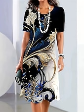 ieftine Tipăriți rochii florale-Pentru femei Rochii Midi Rochie imprimata Modă Modern Zilnic Petrecere ceai Ieșire Potrivire Largă Floral Abstract Manșon scurt Stil Nautic Negru Galben Albastru piscină Albastru Închis Vară Primăvară