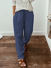 baratos Calça de linho de algodão simples-Mulheres Calças de linho de algodão Calças Roupa de rua Casual Longas Cintura Alta Tecido Bolsos Design de cordão elástico Corte alto Respirabilidade Macio Micro-Elástica Rua Roupa Diária Preto