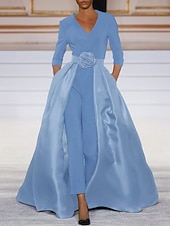 abordables Longueur du plancher-Combinaison avec jupe maternelle de la mariée Robe élégante Simple Robe noire Décolleté en V Traîne balayante  brosse Tissu extensible Manches 3/4 avec couleur unie robe qui impressionne robe
