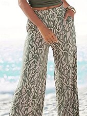 abordables jambe large et taille haute-Femmes Jambe large Slacks Streetwear Occasionnel Longueur complète Naturel Fleur Avec Poches Imprimé Doux Fête Week-end Vert Automne Coupe régulière