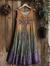 baratos Vestidos Boho-Vestido midi vintage viking com nó celta gradiente feminino, vestido de verão, linha A, casual, boho, festa de casamento, praia, corte regular, floral, gráfico, folha, sem mangas, gola em U